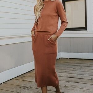 Roolee Sweater Set In Terracotta- Mock Neck Sweater And Skirt